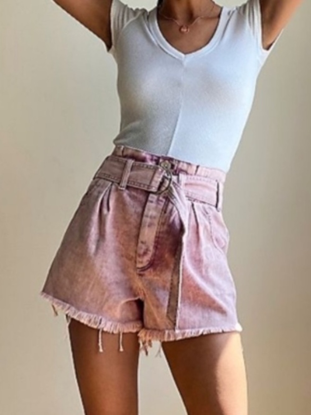 Free People See You Sometime Shorts Sz S Pink Denim High Rise Belted Paperbag